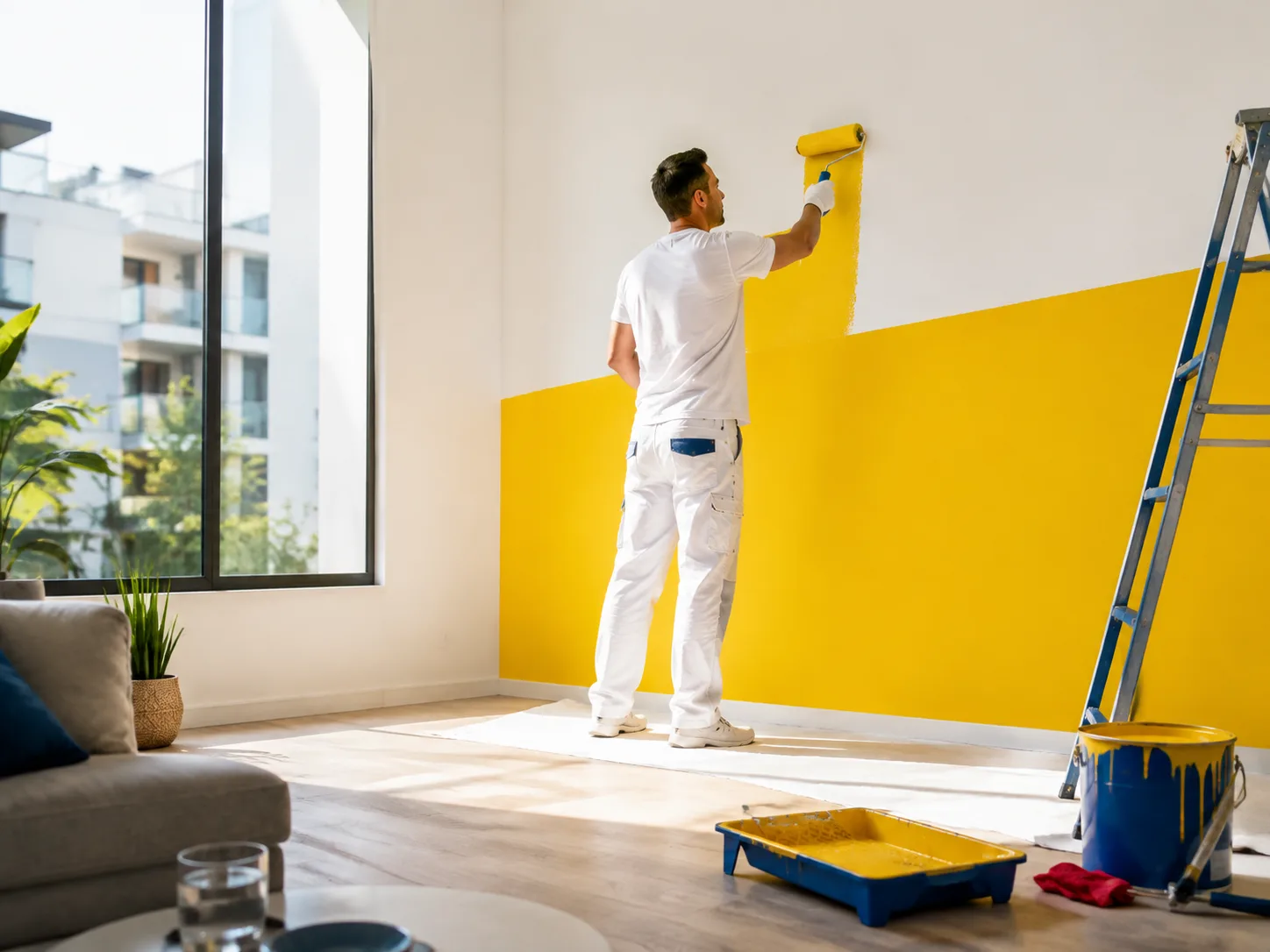 Pintor renovando un muro amarillo en un departamento luminoso