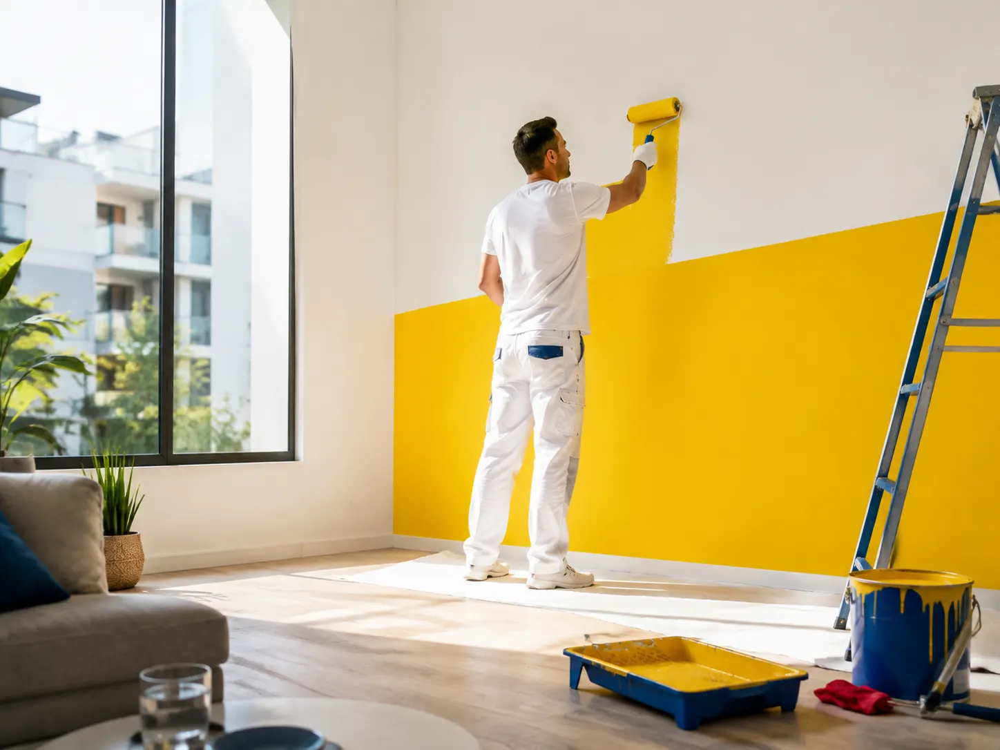 Pintor renovando un muro amarillo en un departamento luminoso
