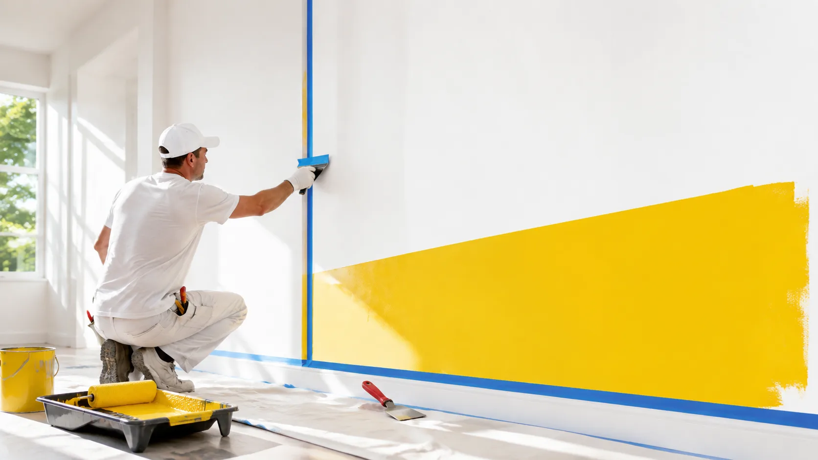 Pintor preparando y enmascarando un muro antes de aplicar pintura amarilla