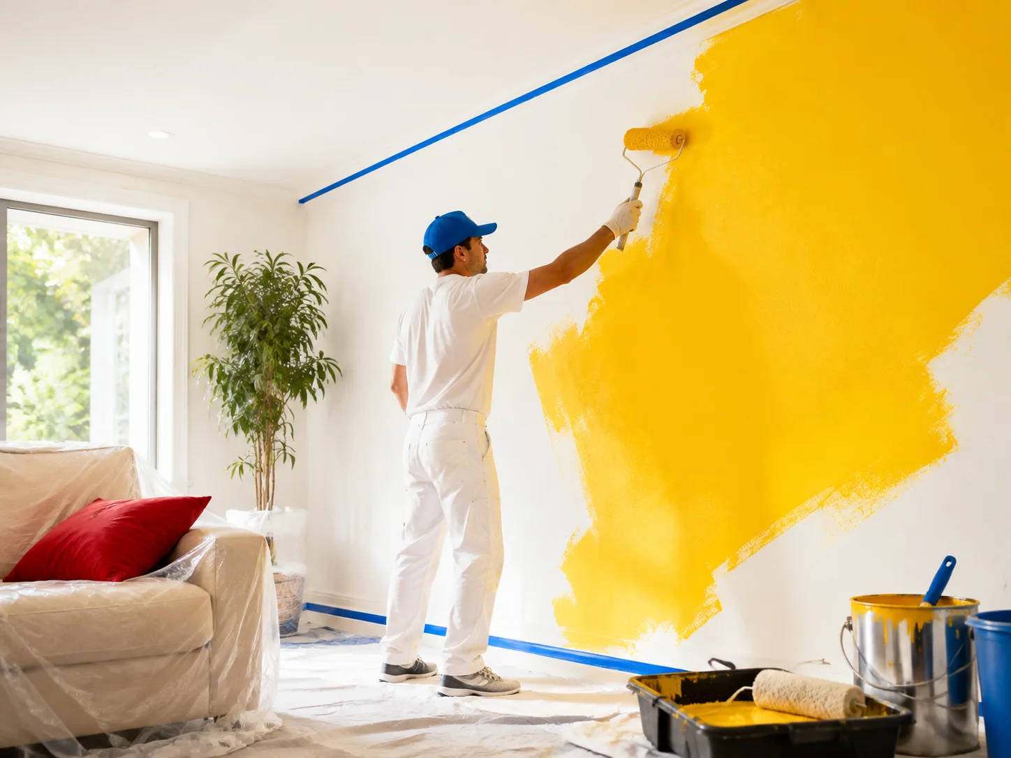Pintor aplicando pintura amarilla en el muro protegido de una sala luminosa