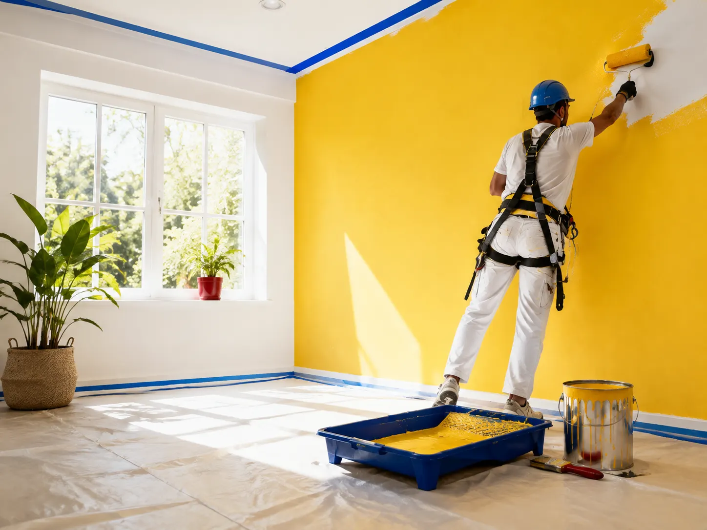 Pintor terminando un muro amarillo en una habitación remodelada y protegida
